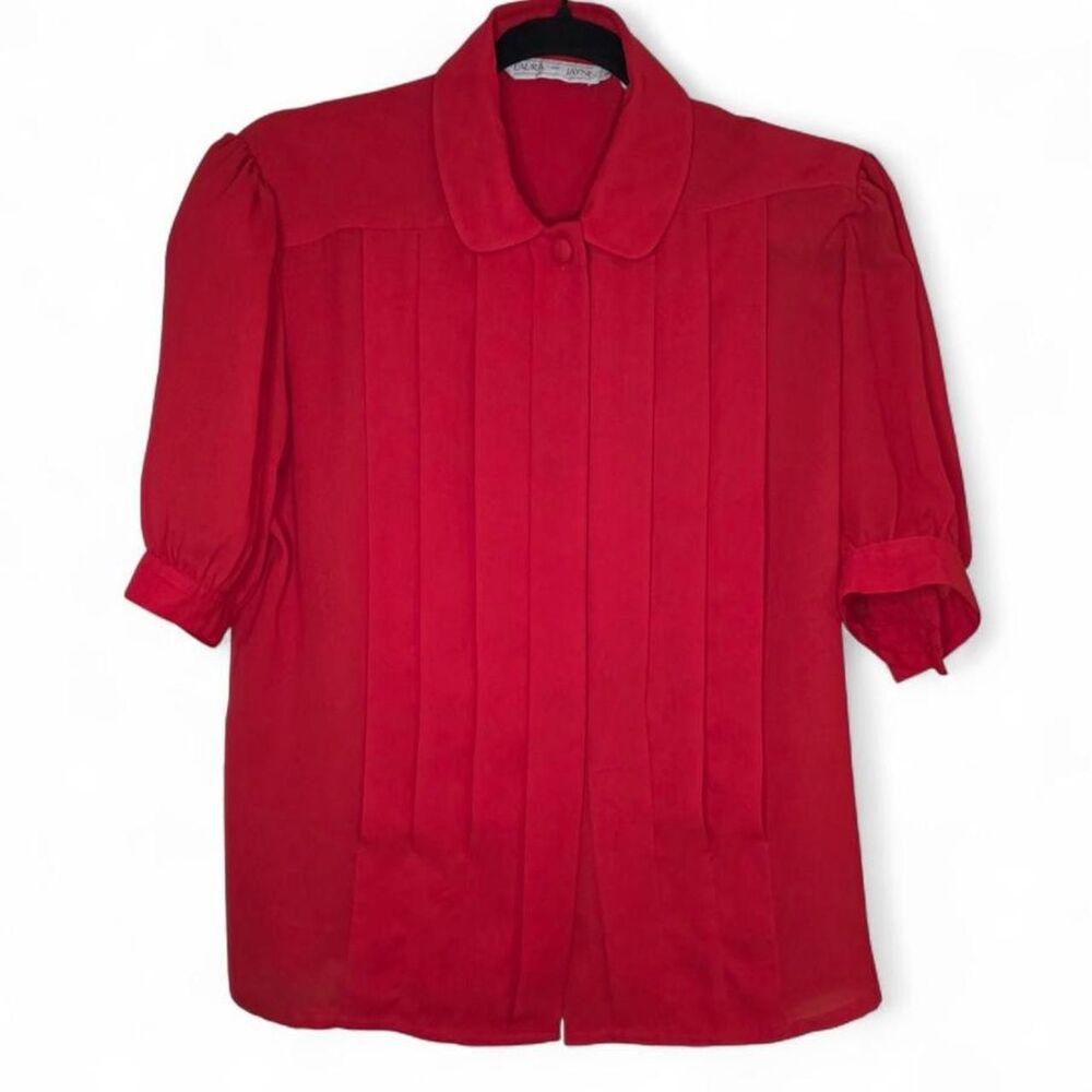 VTG Red Pleated Blouse Laura & Jayne Size 8 80s Puff Sleeve